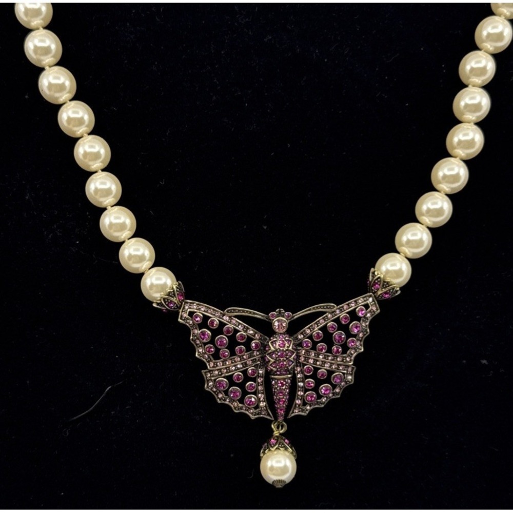 Heidi Daus Madame Butterfly Necklace Pink Crystal‎ Faux Pearl W/ Box